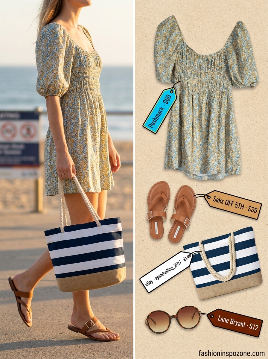 Playful coastal mini dress outfit: blue and yellow floral dress, canvas tote, leather sandals, and oversized sunglasses. Floral summer sundresses 2026.