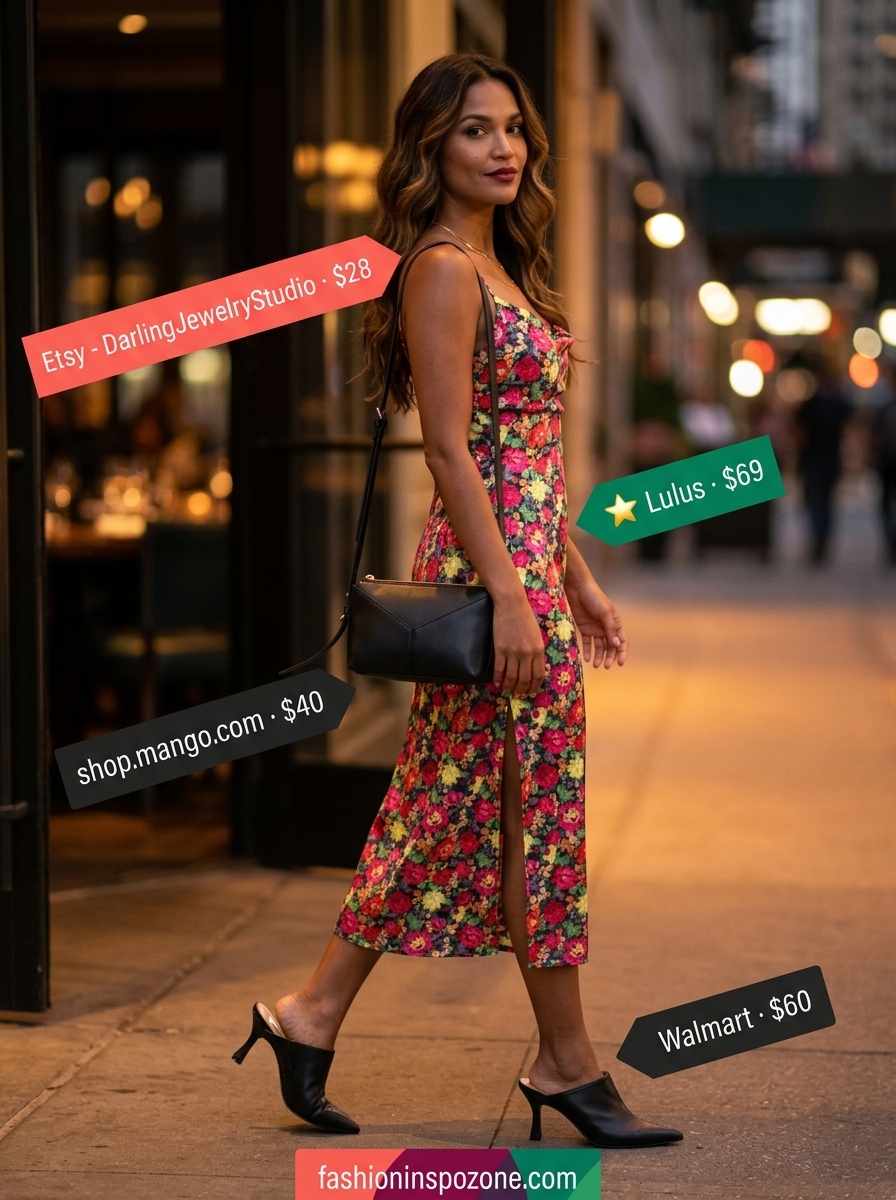 Floral summer sundress 2026: Emerald green floral slip midi dress with heeled mules for date night.
