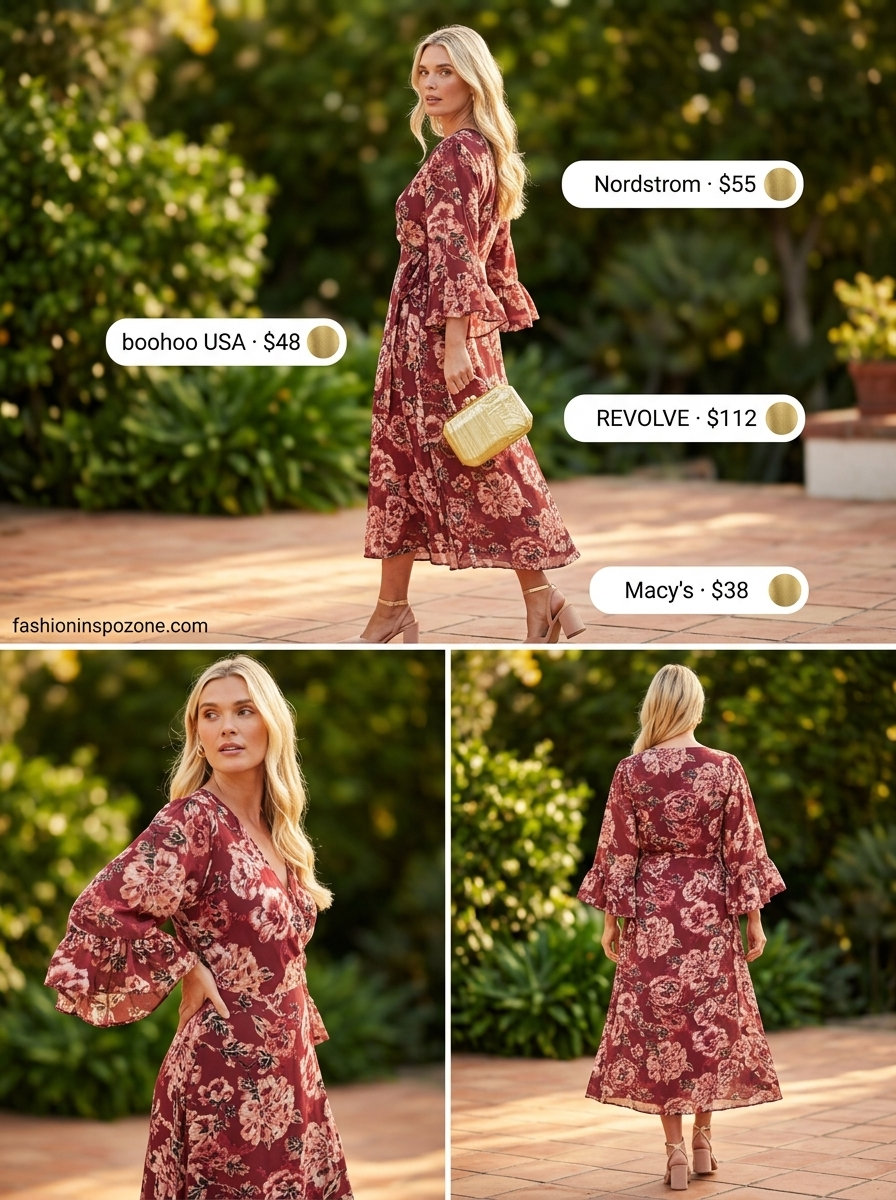 Burgundy floral wrap midi dress with nude pumps for a garden party 2026.