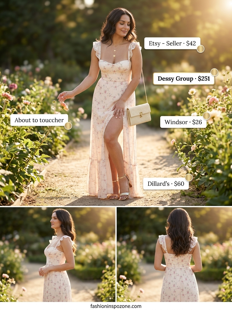 Romantic garden party outfit: pastel floral chiffon maxi dress, gold sandals, layered necklaces, and straw clutch. Floral summer sundresses 2026.