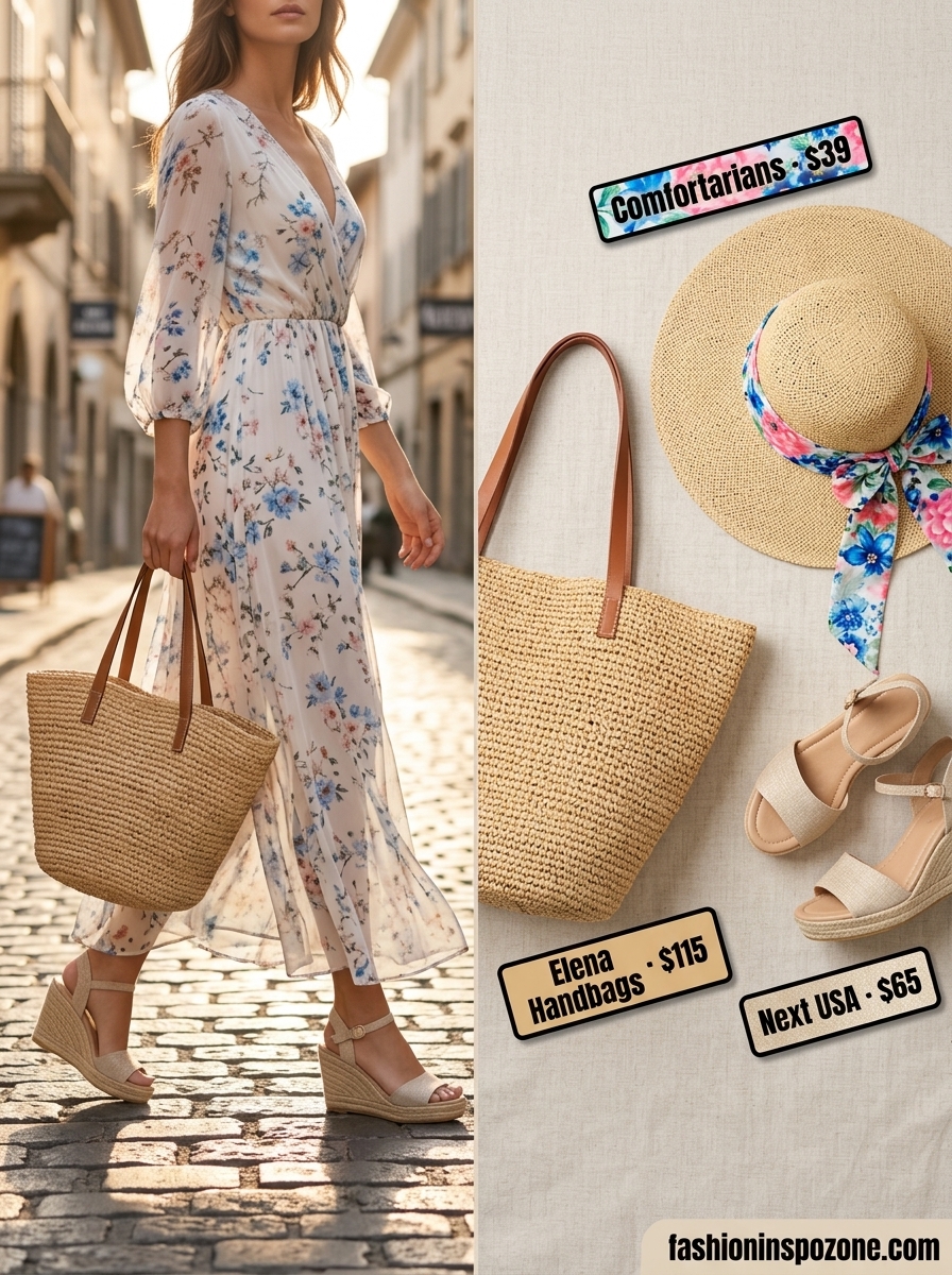 Floral summer sundress 2026: Flowy maxi dress, espadrilles, straw hat for a summer day out.