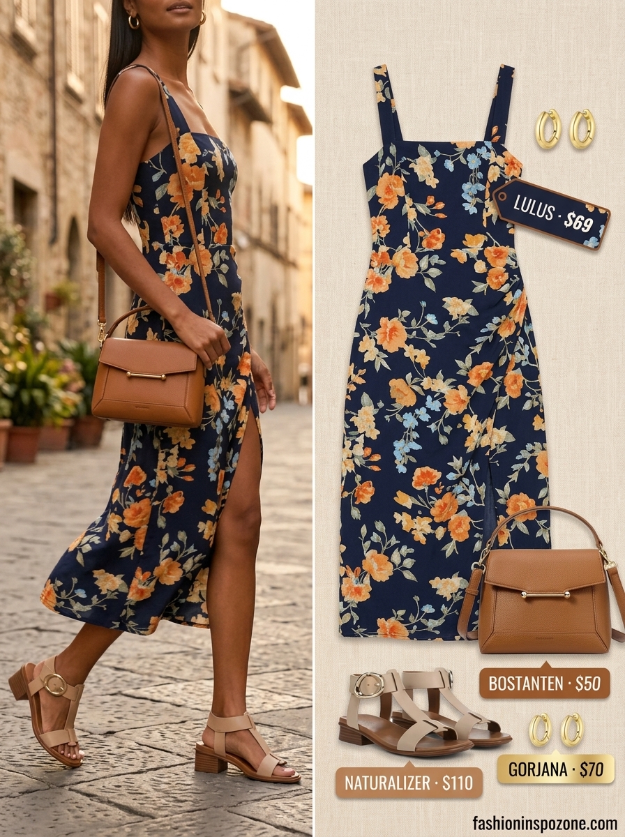 Navy floral print jumpsuit with tan sandals for evening out 2026.