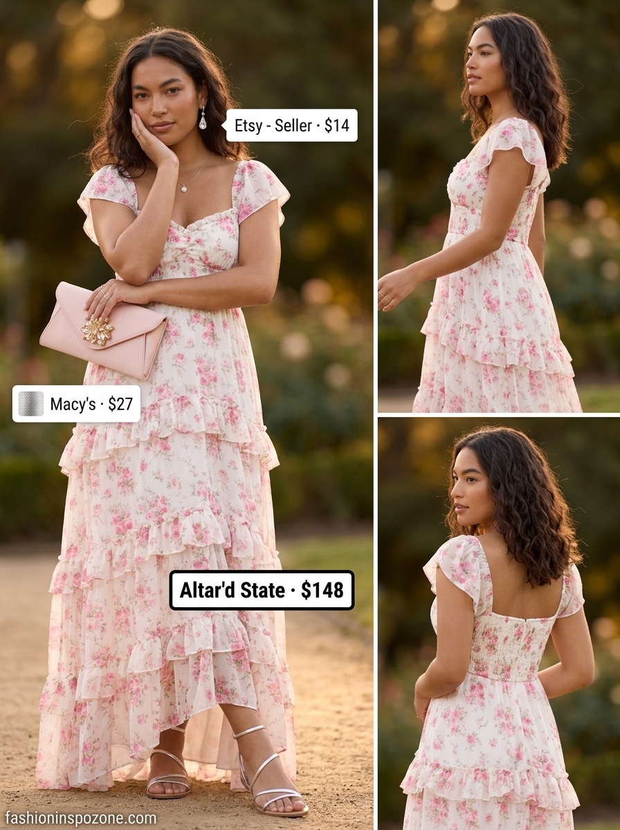 Floral summer sundress 2026: Pastel floral maxi dress, metallic sandals for a romantic dinner.