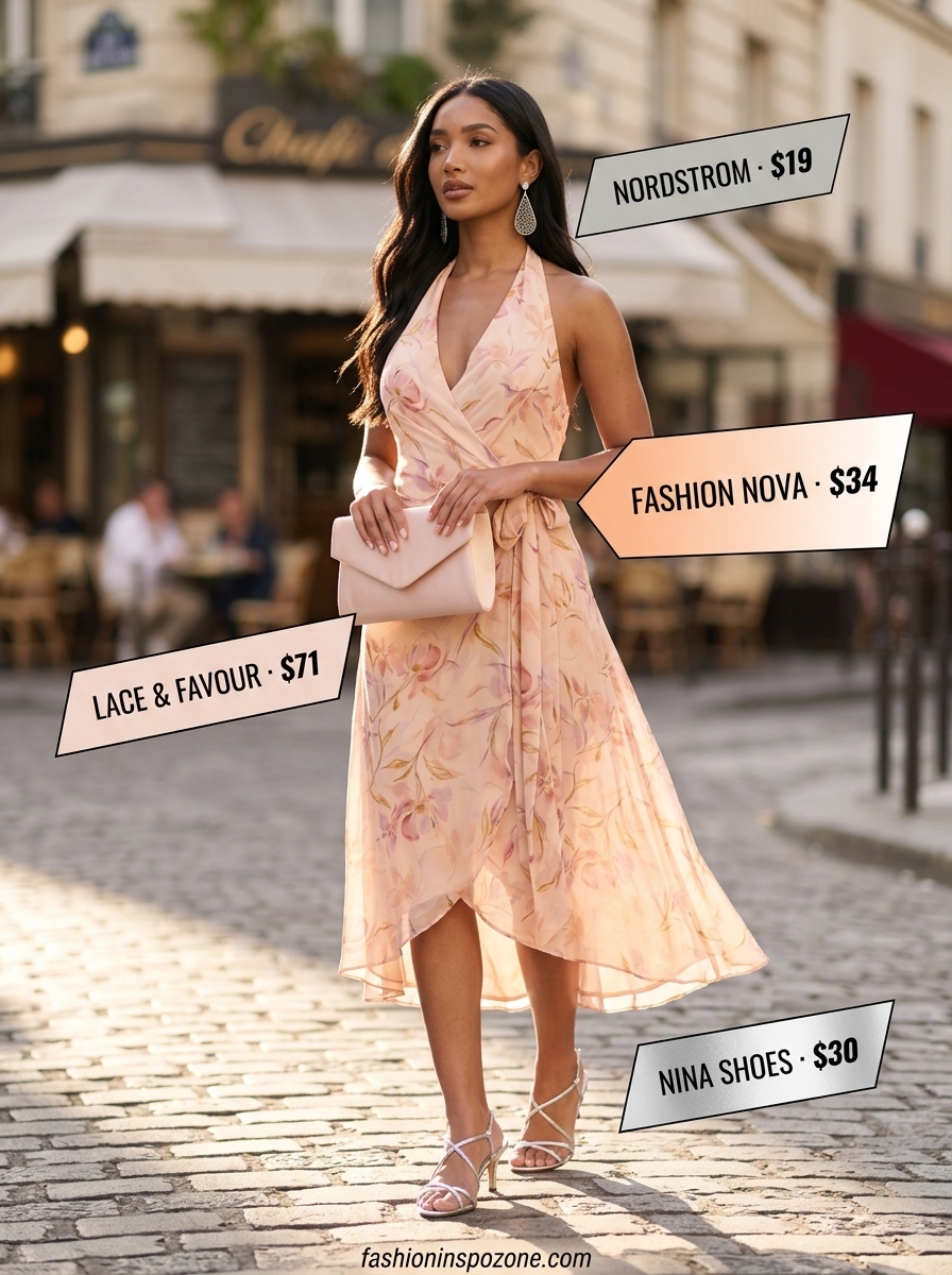 Floral summer sundress 2026: Pastel floral wrap dress, silver sandals for a wedding guest.