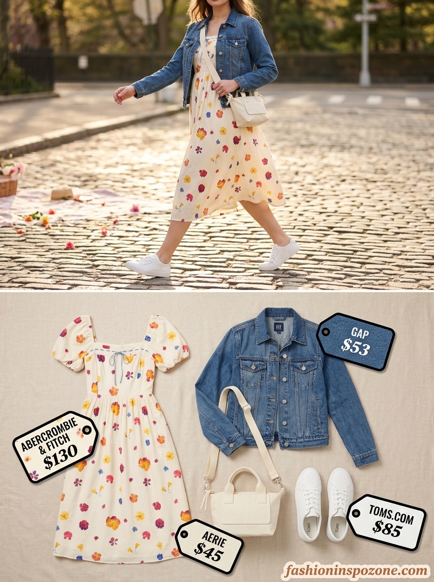 Floral summer sundress 2026: Pink & green floral midi dress, denim jacket, white sneakers for a picnic.