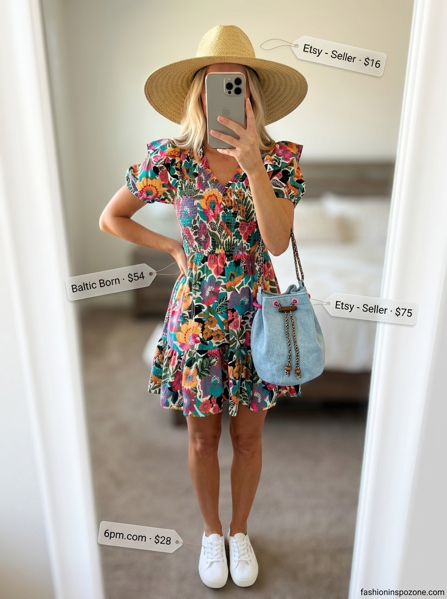 Playful picnic outfit: multicolor floral mini sundress, denim bucket bag, canvas sneakers, and straw sun hat. Floral summer sundresses 2026.