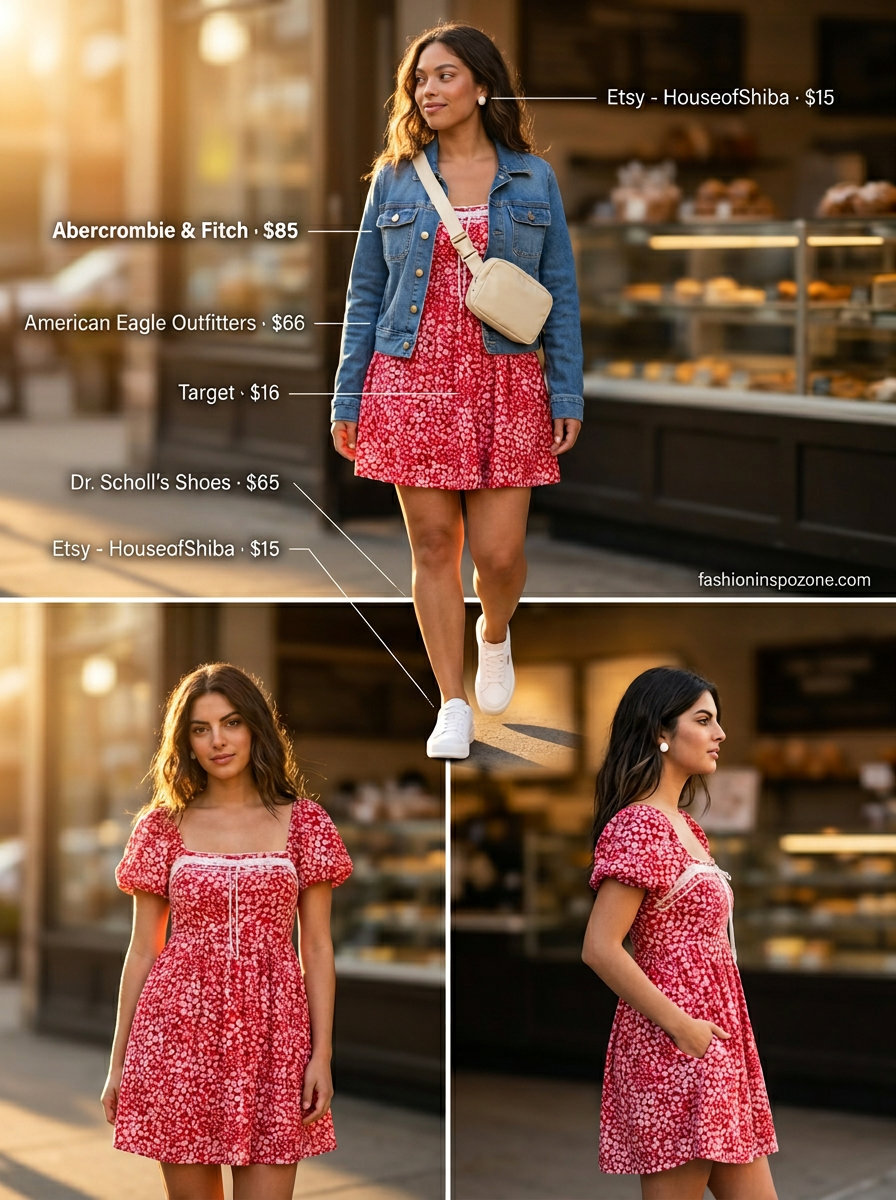 Pink and red floral mini dress with denim jacket, white sneakers for a picnic outfit 2026.