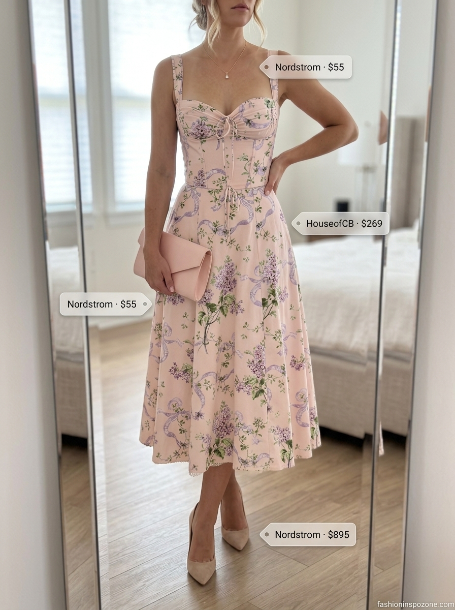 Floral summer sundress 2026: Rose floral midi dress, nude pumps for a garden party.