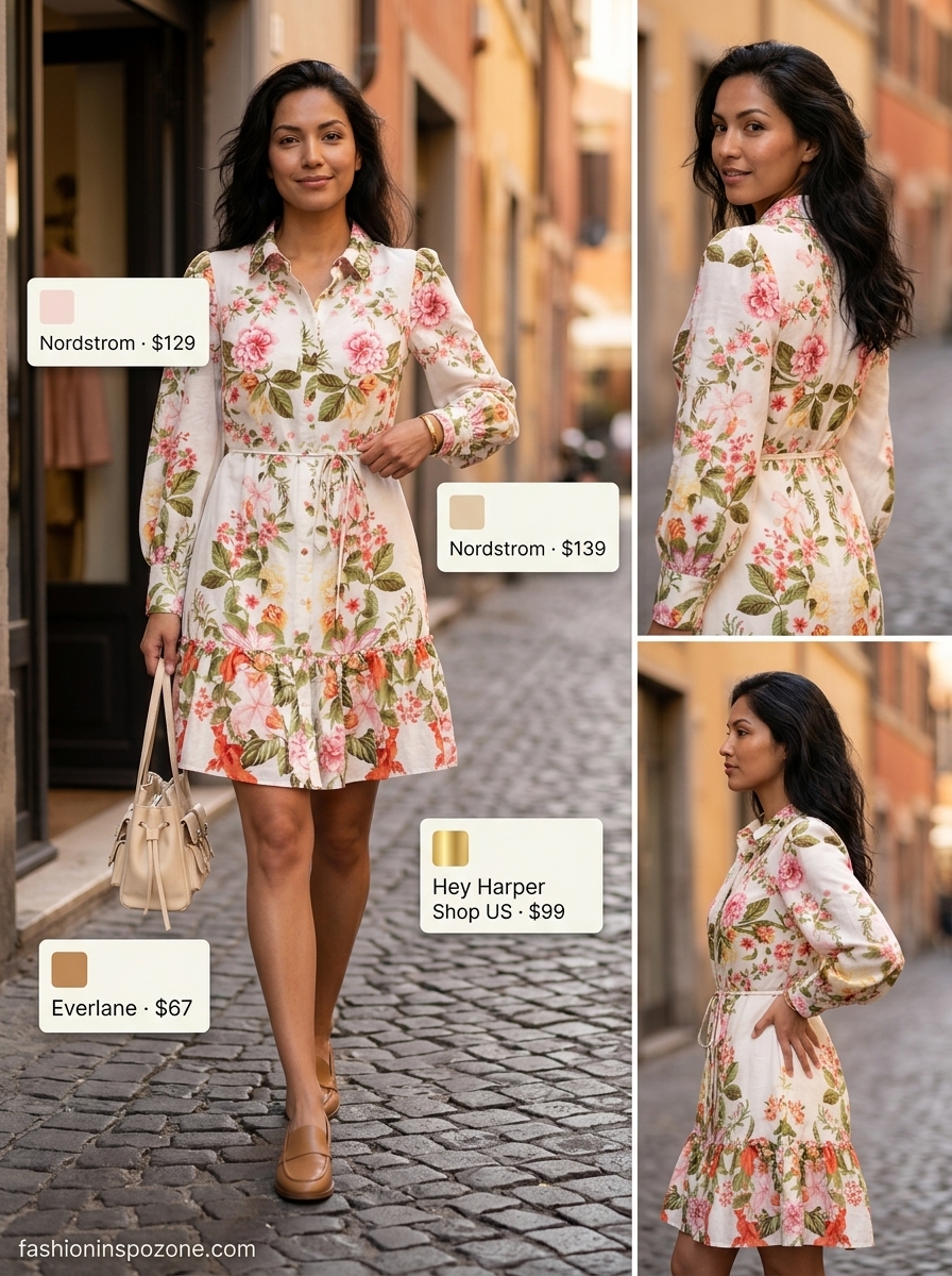 Pastel floral shirtdress with penny loafers for smart casual 2026.