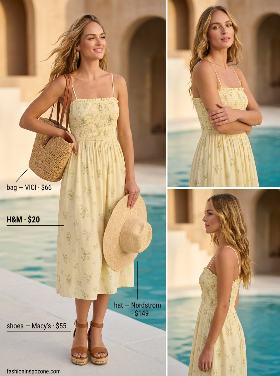 Yellow floral midi sundress with straw hat and espadrille wedges 2026.