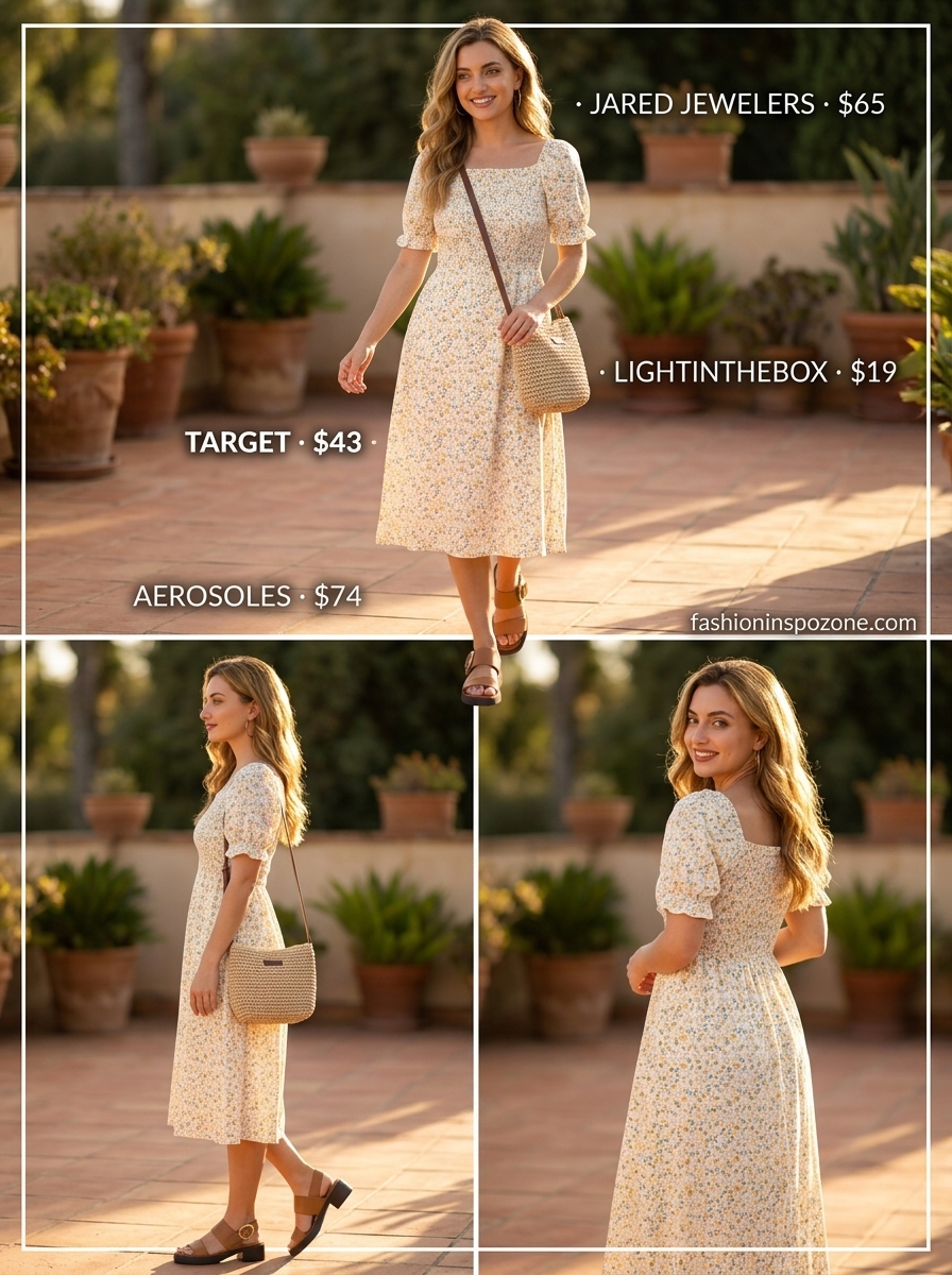 Orange and pink floral midi dress with tan sandals for summer dinner 2026.