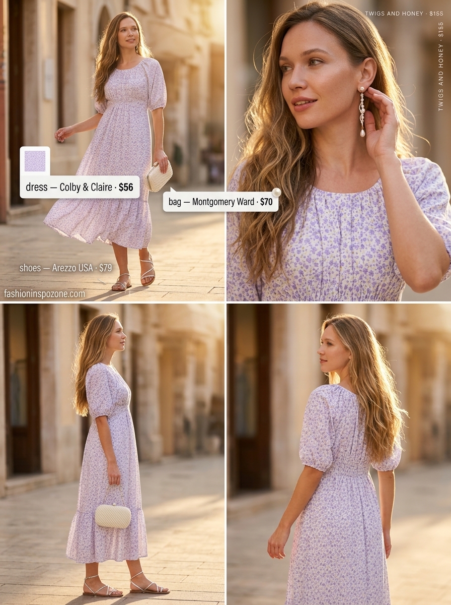 Dreamy sunset outfit: lavender floral midi dress, pearl earrings, silver sandals, and pearl clutch. Floral summer sundresses 2026.