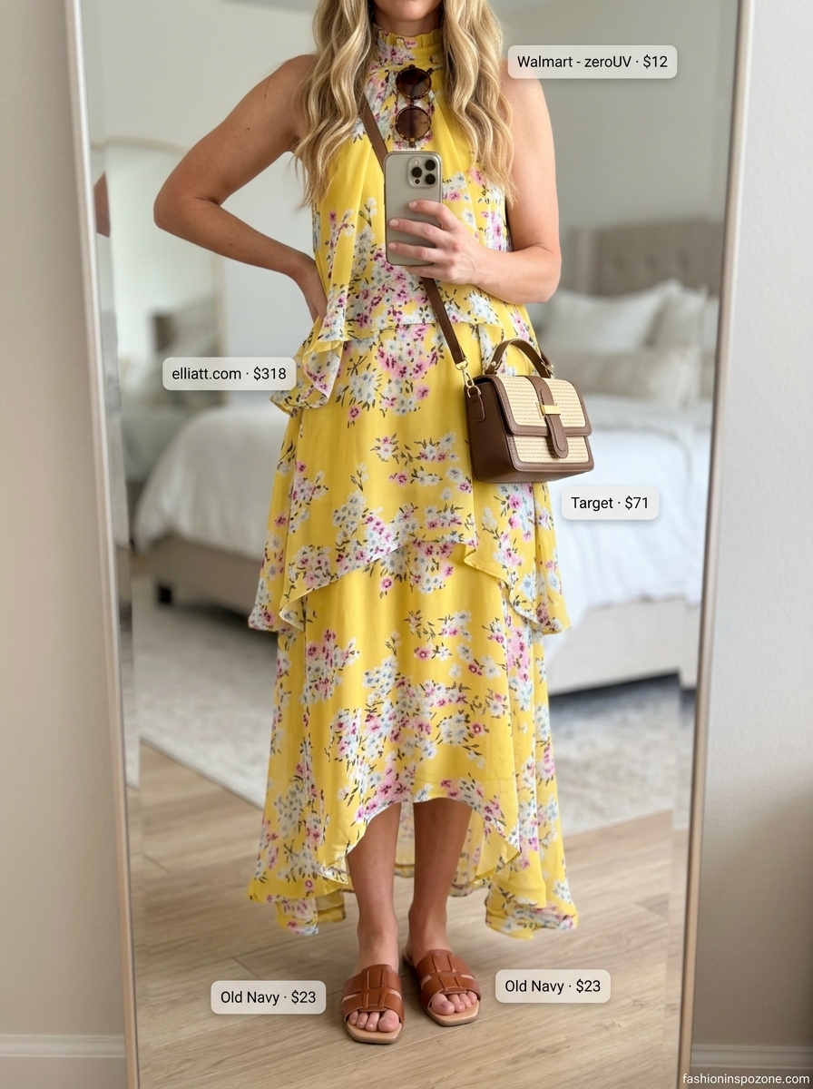 Relaxed weekend getaway outfit: yellow floral dress, straw crossbody bag, round sunglasses, and flat sandals. Floral summer sundresses 2026.