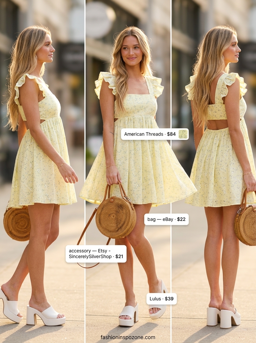 Floral summer sundress 2026: Yellow floral babydoll mini dress with white slides for a casual day.