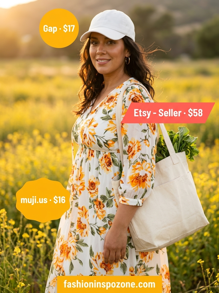 Floral summer sundress 2026: Yellow & orange floral fit-and-flare dress with sneakers for a hot day.