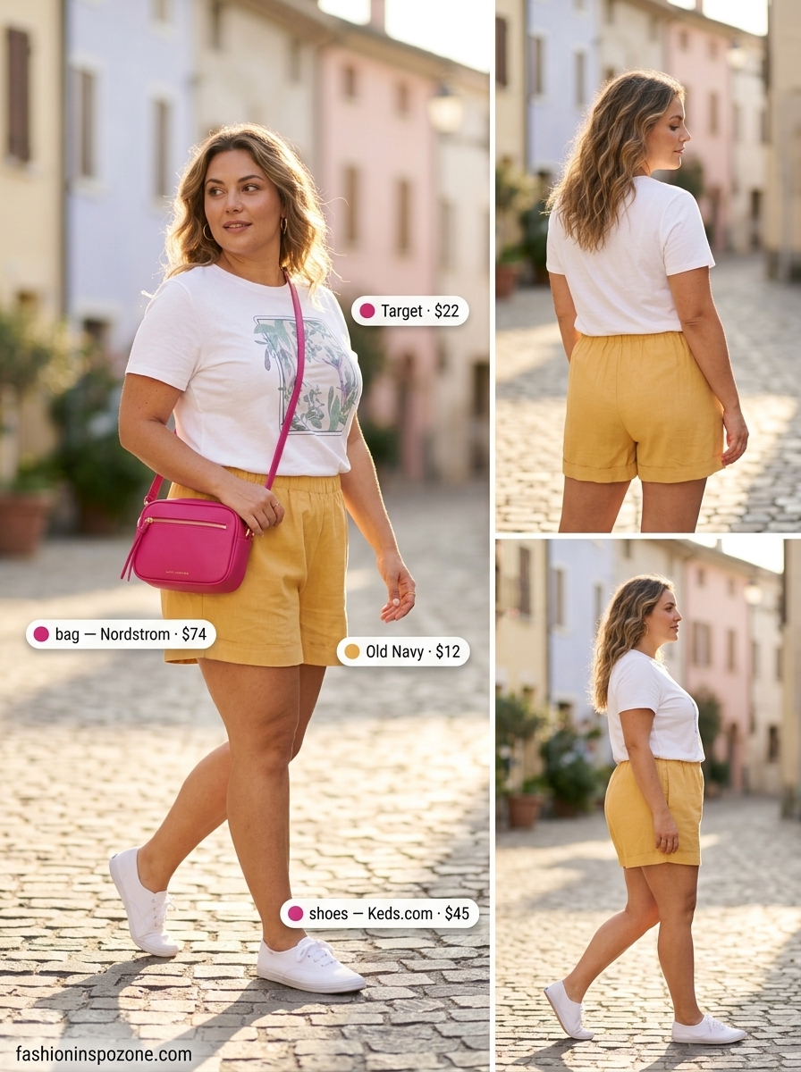 Flowy plus size summer outfit 2026: Sunny yellow linen shorts, graphic tee, and white sneakers for a picnic.