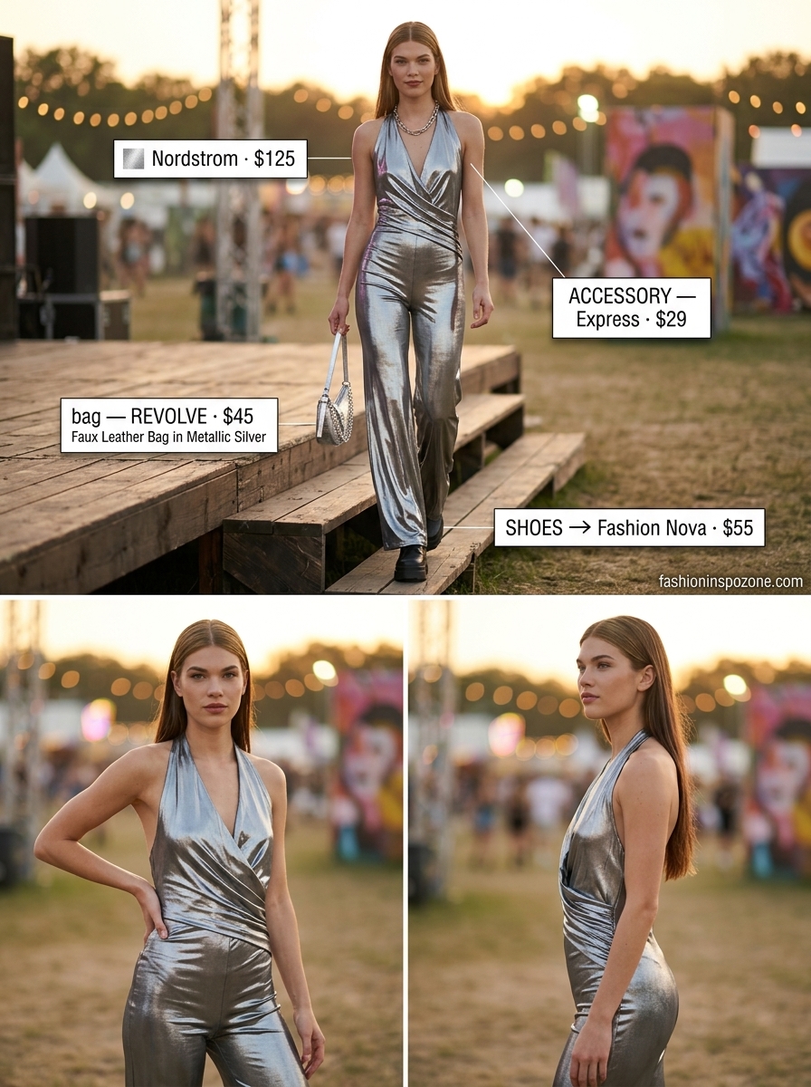 Silver chrome holographic summer rave outfit 2026 featuring a metallic jumpsuit, combat boots, and silver crossbody bag.