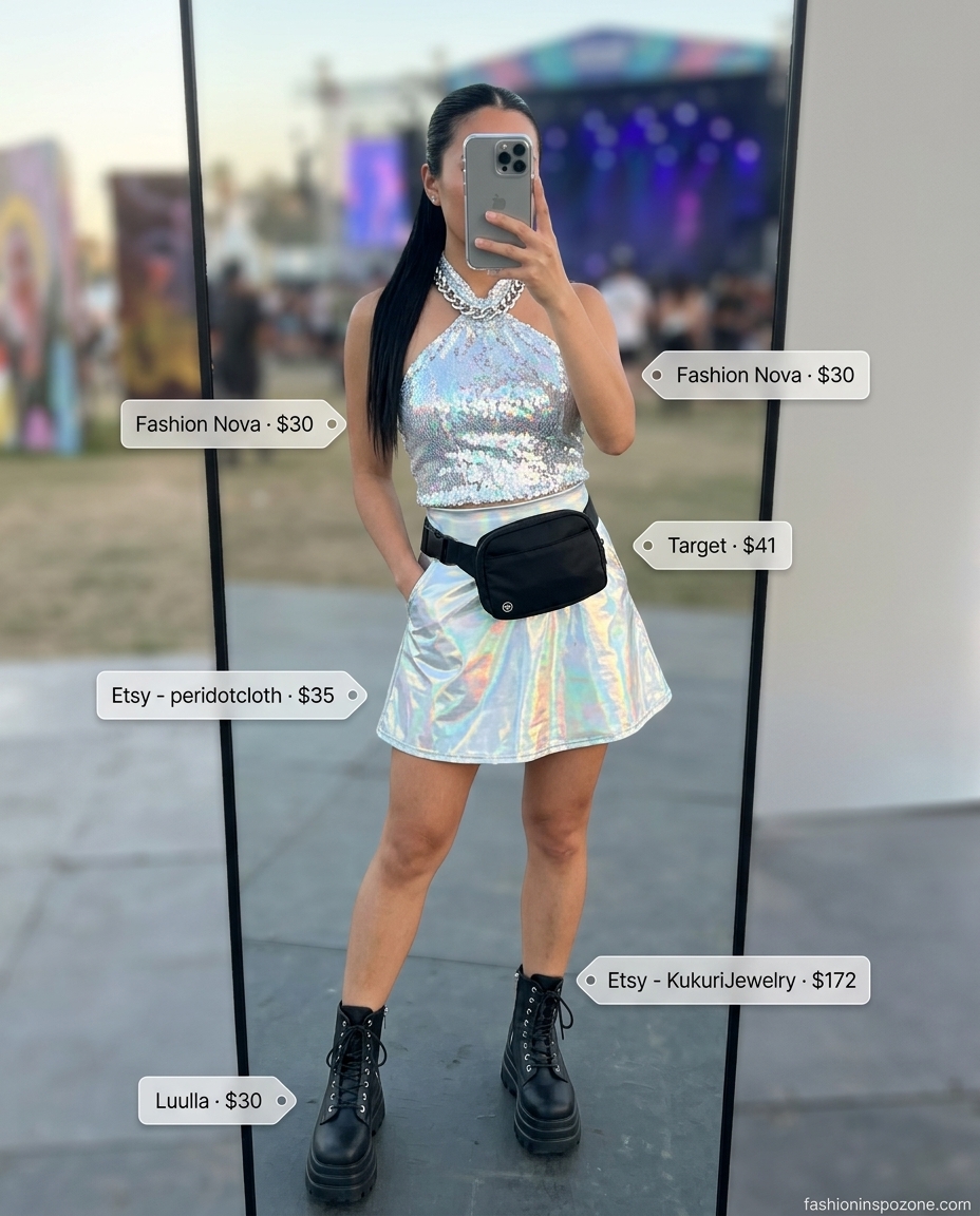 Holographic summer rave outfit 2026 featuring a silver sequin halter top, iridescent holographic skirt, and chunky platform boots.