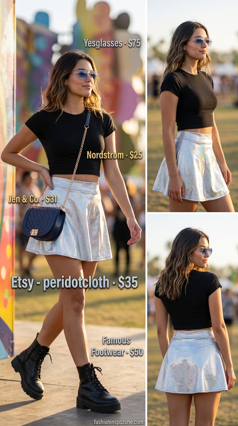 Holographic summer rave outfit 2026: Silver holographic mini skirt, black crop top, combat boots, futuristic sunglasses.