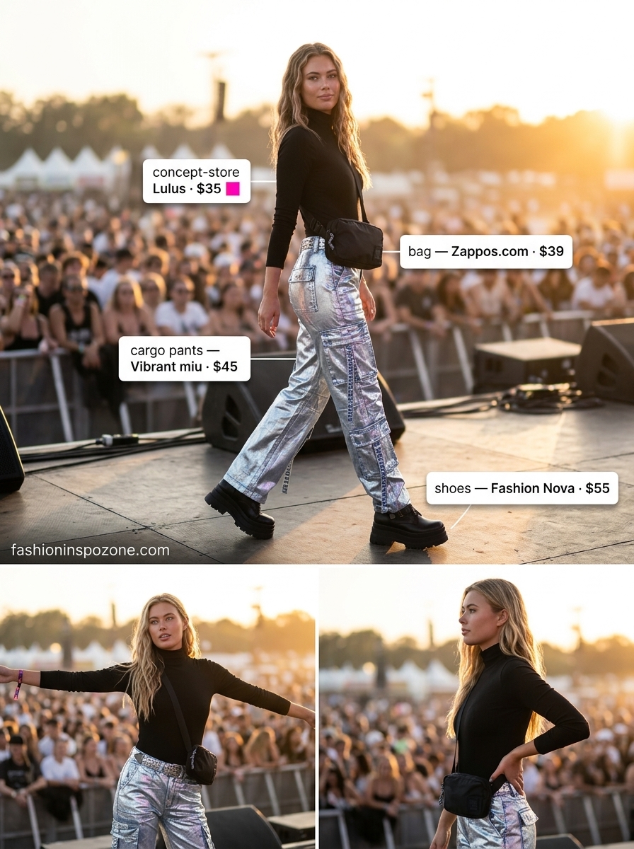 Holographic summer rave outfit 2026: Silver cargo pants, black bodysuit, sheer neon pink top, combat boots.