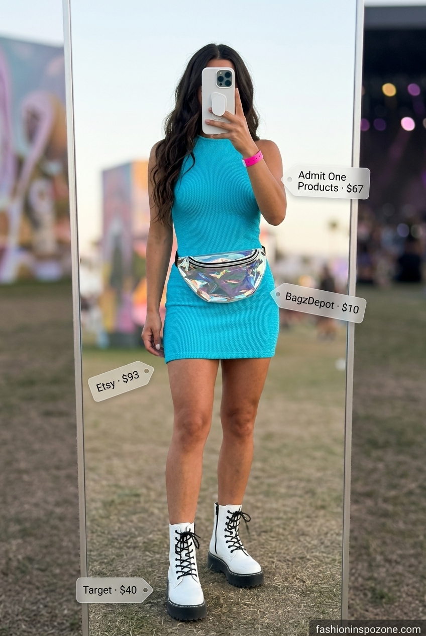 Holographic summer rave outfit 2026: Electric blue bodycon mini dress, clear holographic fanny pack, white platform boots.