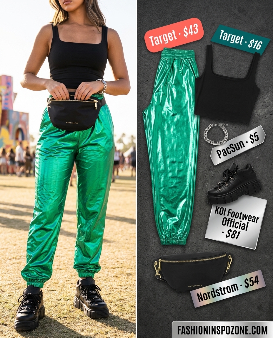 Holographic green cargo pants summer rave outfit 2026, paired with a black cropped tank and chunky sneakers.