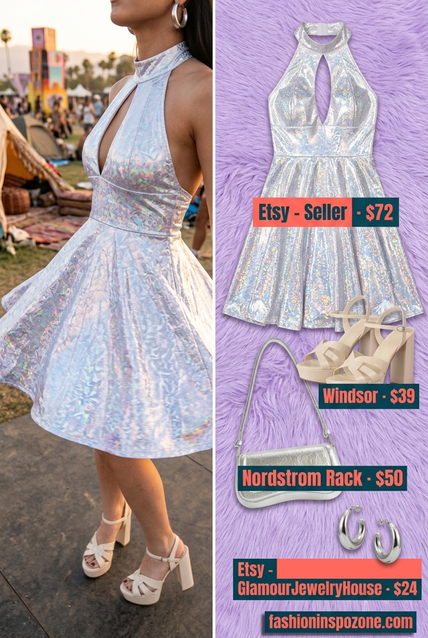 Holographic summer rave outfit 2026: White platform heels with a holographic halter mini dress and silver bag.