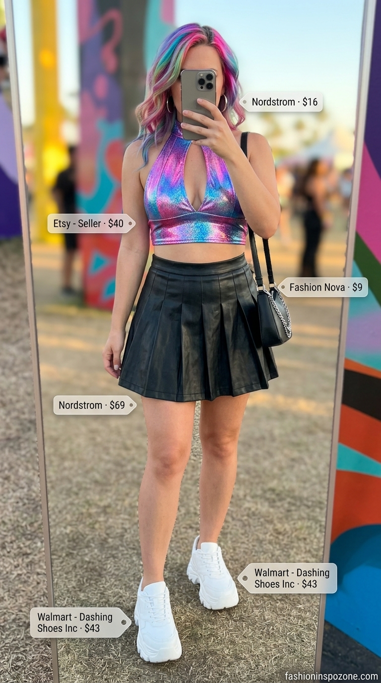 Holographic summer rave outfit 2026: Holographic halter top, faux leather mini skirt, platform sneakers, hoop earrings.