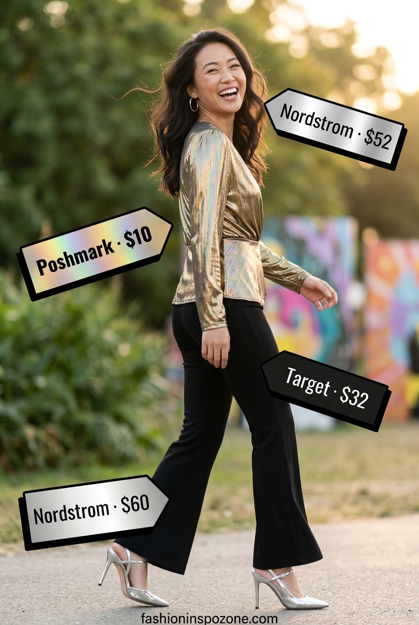 Holographic summer rave outfit 2026: Gold holographic wrap top paired with black flare pants and silver heels.