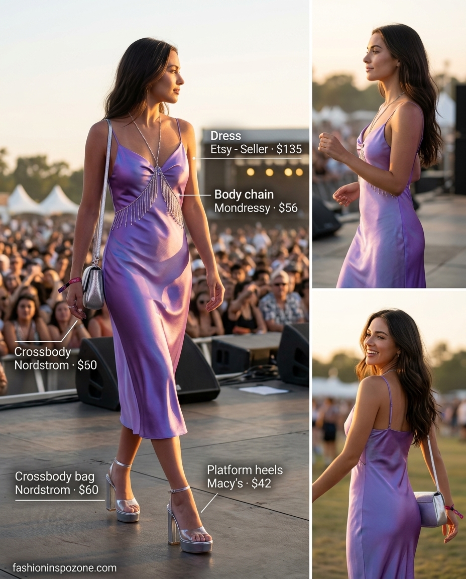Holographic summer rave outfit 2026: Iridescent purple satin slip dress, silver sandals, silver body chain, metallic bag.