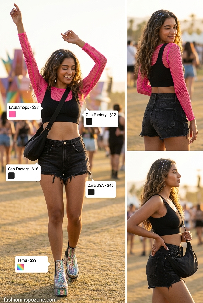 Holographic summer rave outfit 2026: Neon pink mesh top with holographic boots and black denim shorts.