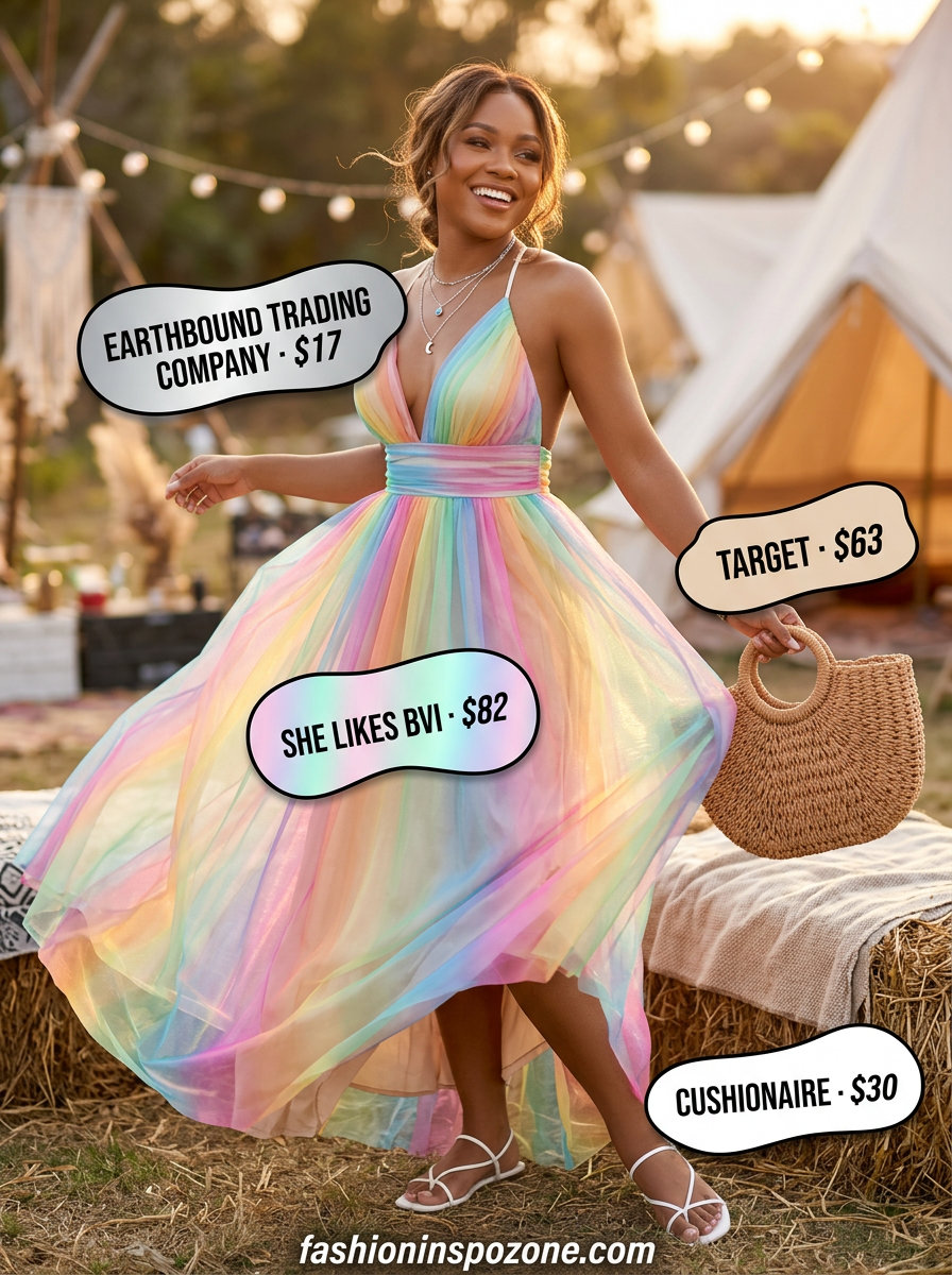 Holographic pastel maxi dress holographic summer rave outfit 2026, with flat sandals and layered necklaces.