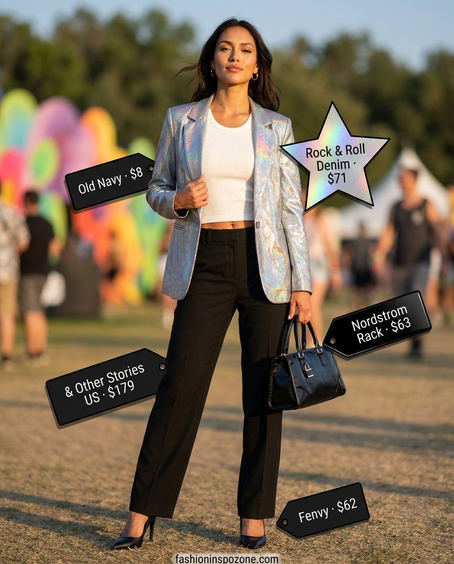 Holographic summer rave outfit 2026: Silver holographic blazer over a white tank and black trousers.