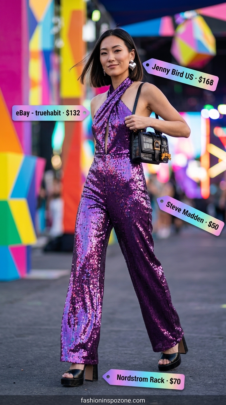 Holographic purple jumpsuit holographic summer rave outfit 2026, with platform heels and statement earrings.
