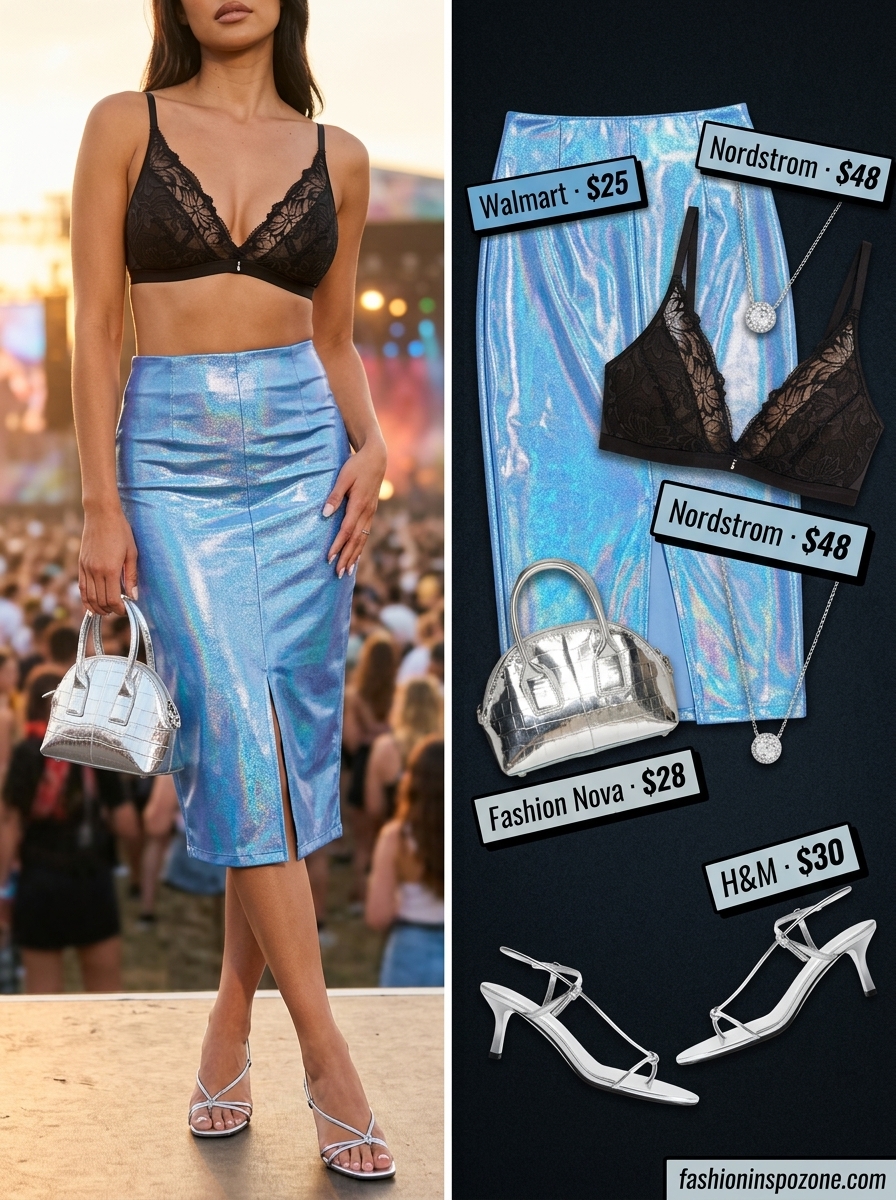 Holographic summer rave outfit 2026: Blue holographic slip skirt with a black lace bralette and silver heels.