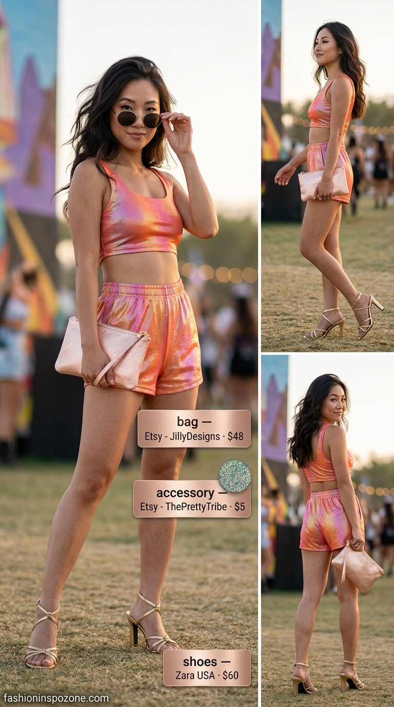 Holographic summer rave outfit 2026: Sequined ombre crop top and midi skirt set, gold sandals, metallic clutch.