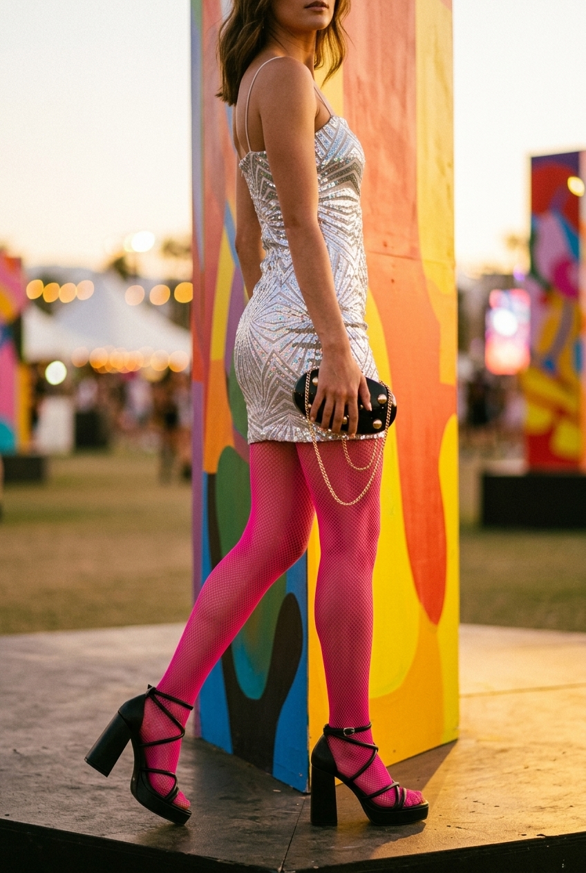 Holographic silver sequin mini dress holographic summer rave outfit 2026, with neon pink tights and platform heels.
