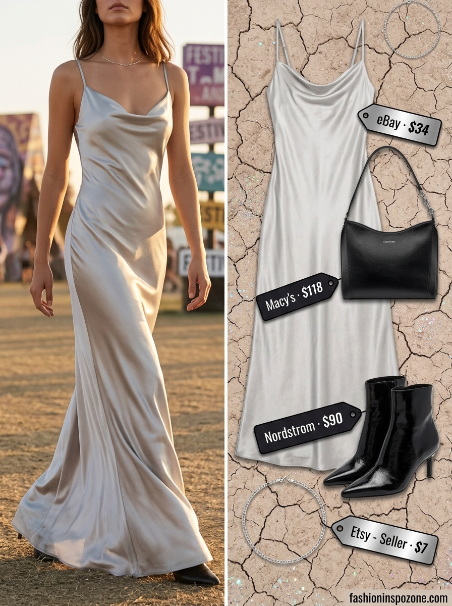 Silver satin slip dress holographic summer rave outfit 2026, styled with black ankle boots and a shoulder bag.