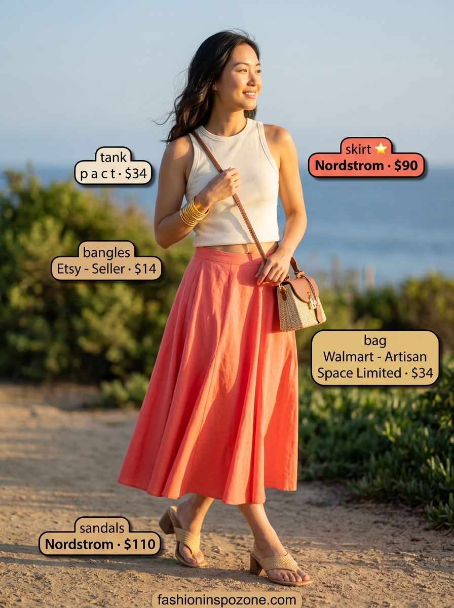 Coral linen midi skirt and cream tank top outfit. Hot weather summer linen outfits for women 2026.