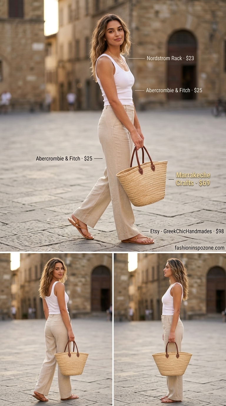 Natural beige linen wide-leg pants for women 2026, paired with a white knit top. Chic Italian linen outfits for travel.