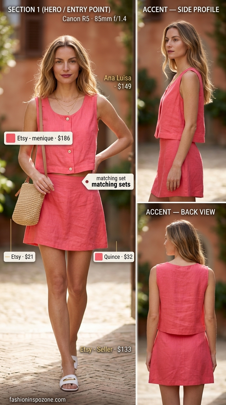 Coral pink linen matching set for women 2026, perfect for markets and casual days. Chic Italian linen outfits.