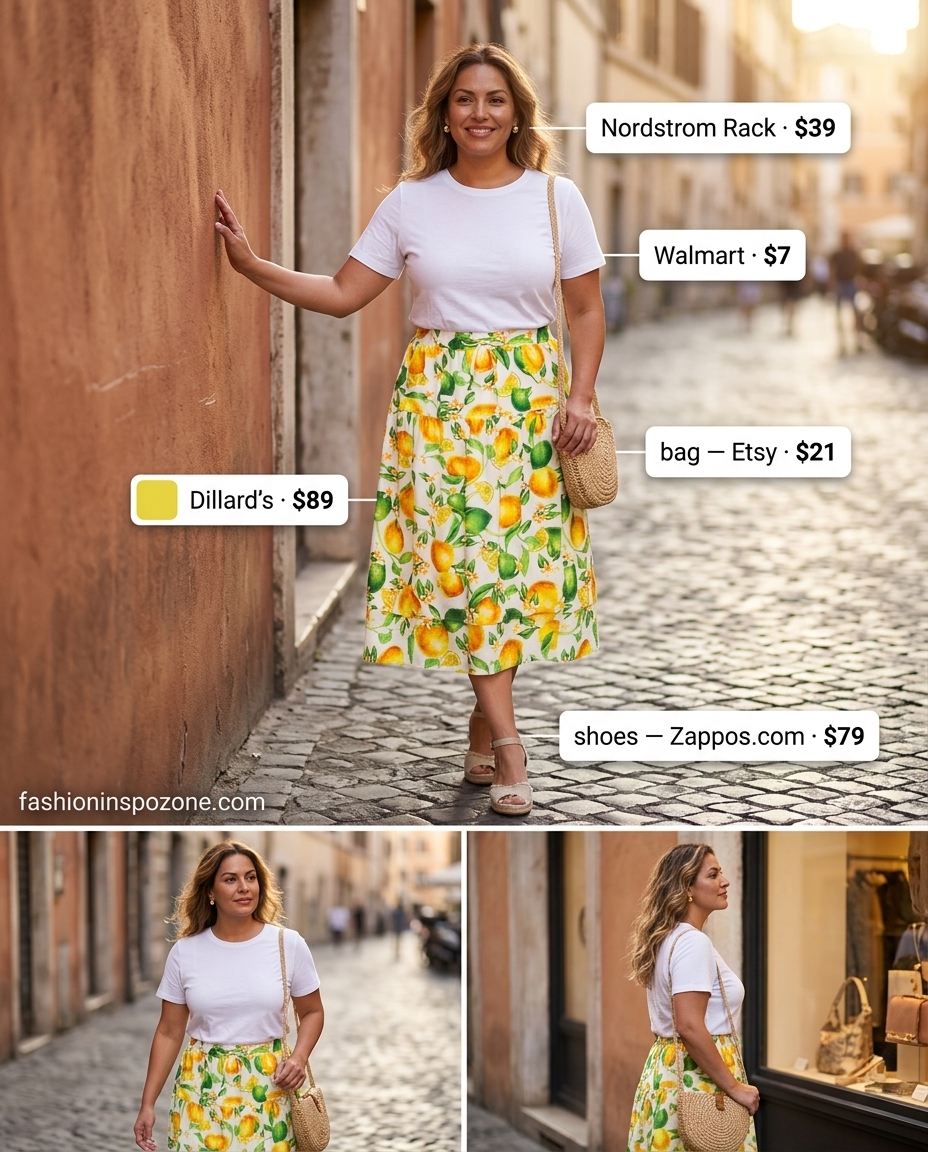 Citrus print linen midi skirt for women 2026, paired with a white tee. Vibrant Italian linen summer outfits.