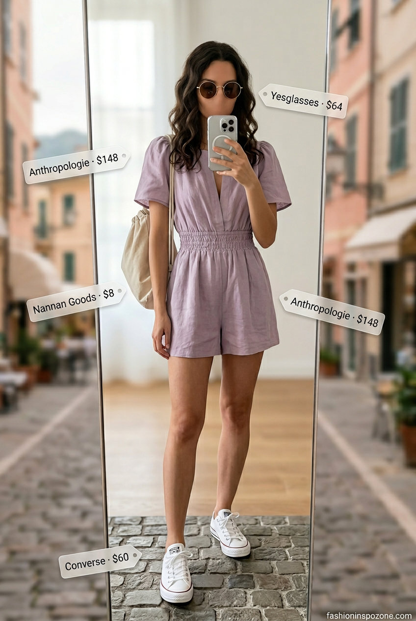 Lavender linen romper for women 2026, ideal for travel and casual outings. Playful Italian linen summer outfits.