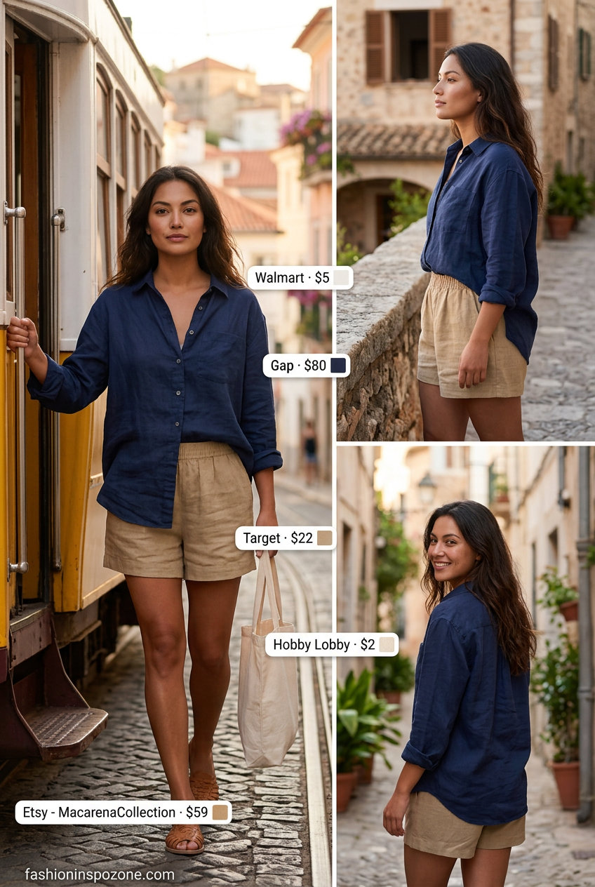 Navy linen shirt and beige linen shorts for women 2026. Relaxed Italian linen outfits for beach and travel.