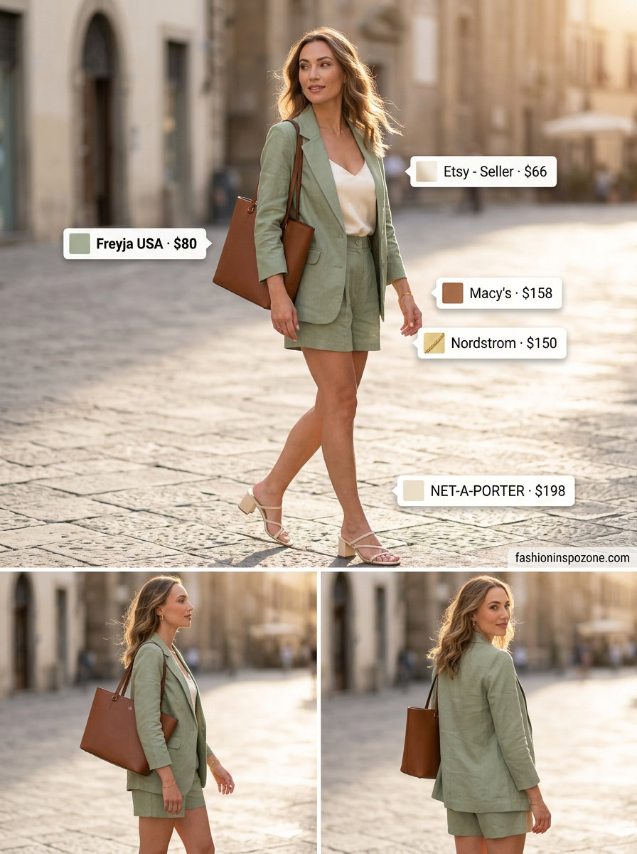 Sage green linen shorts and blazer set for women 2026. Sophisticated Italian linen outfits for daytime events.