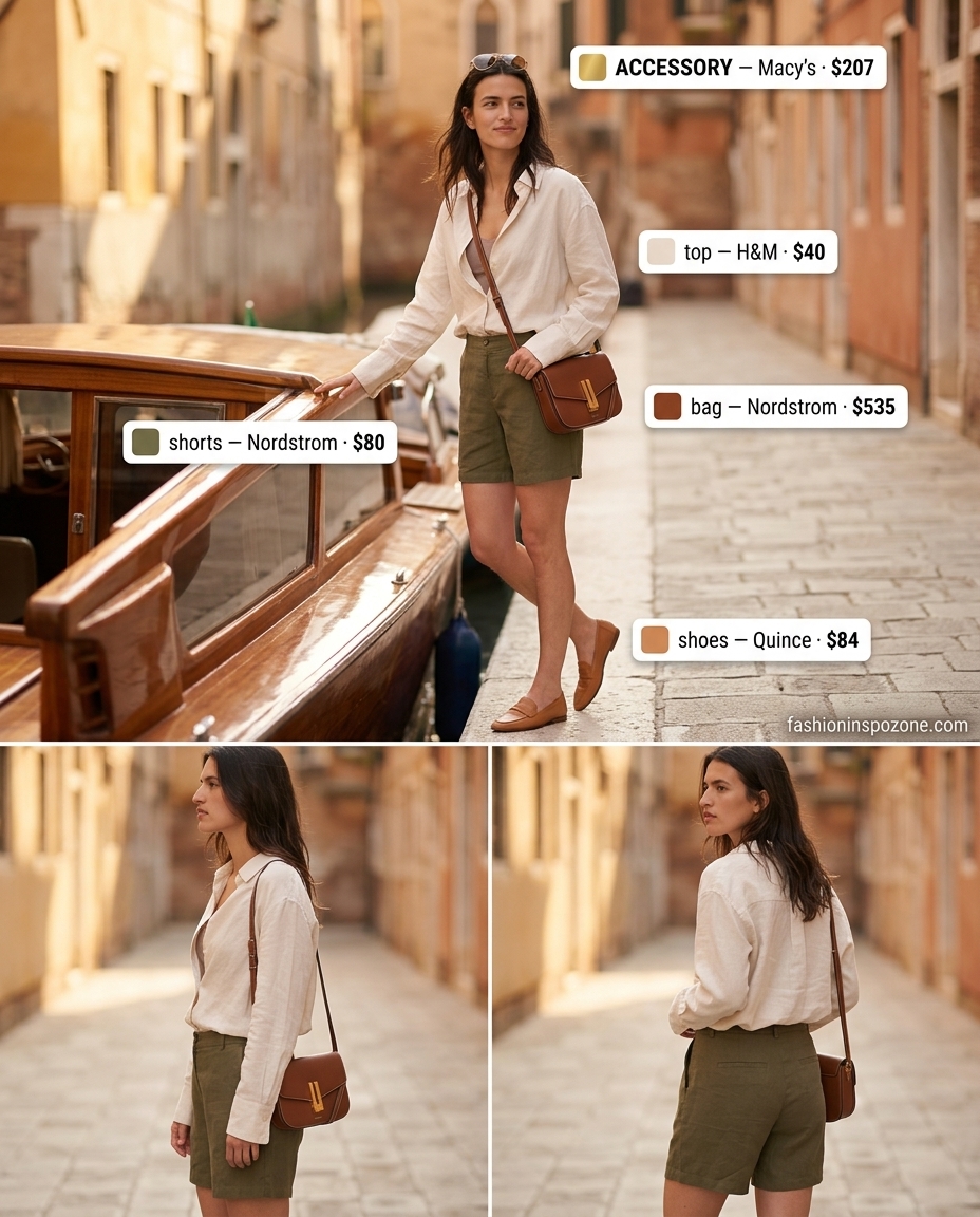 Olive green linen shorts and cream oversized shirt for women 2026. Chic Italian linen outfits for city exploration.
