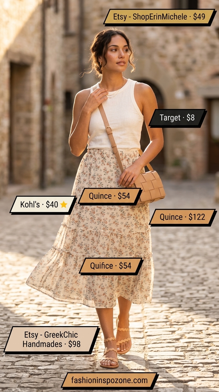 Italian linen summer outfits for women 2026: Floral linen maxi skirt with white tank and leather crossbody.