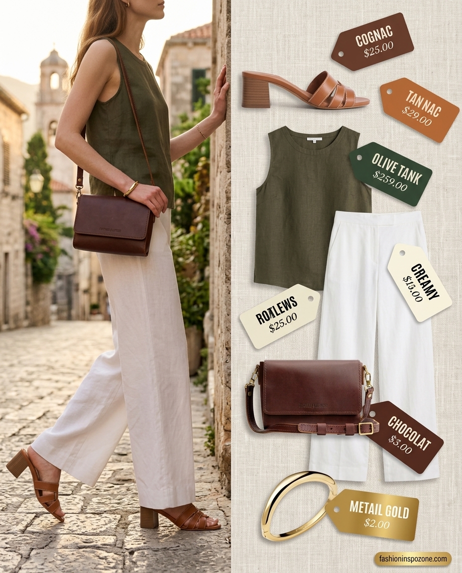 Italian linen summer outfits for women 2026: Ivory wide-leg linen trousers with olive green tank and gold accessories.