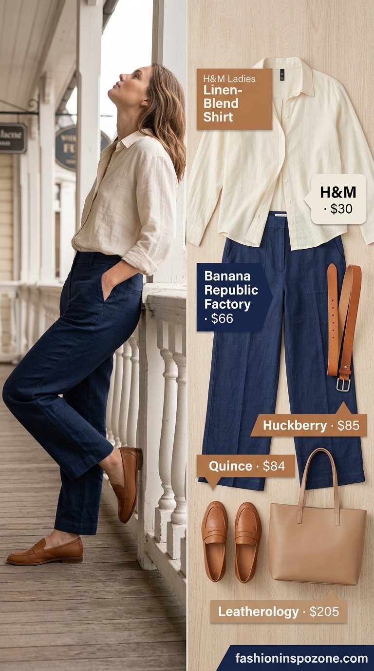 Navy blue linen trousers with white shirt for Italian linen summer outfits for women 2026.