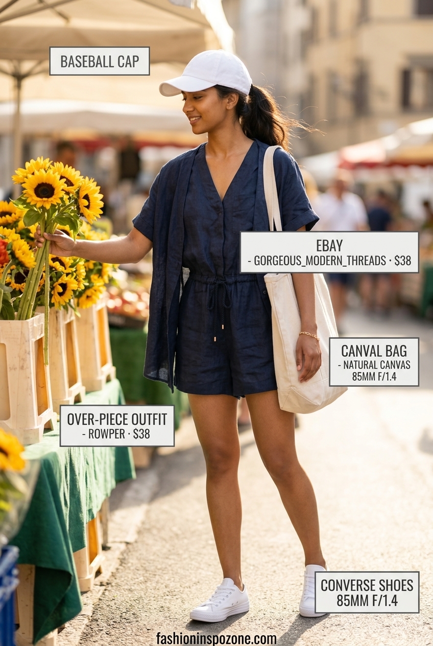 Italian linen summer outfits for women 2026: Navy blue linen romper with white sneakers and canvas tote for travel.